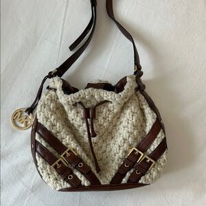 Michael Kors Cream Wool knit Drawstring Shoulder Bag with Brown Leather Trim